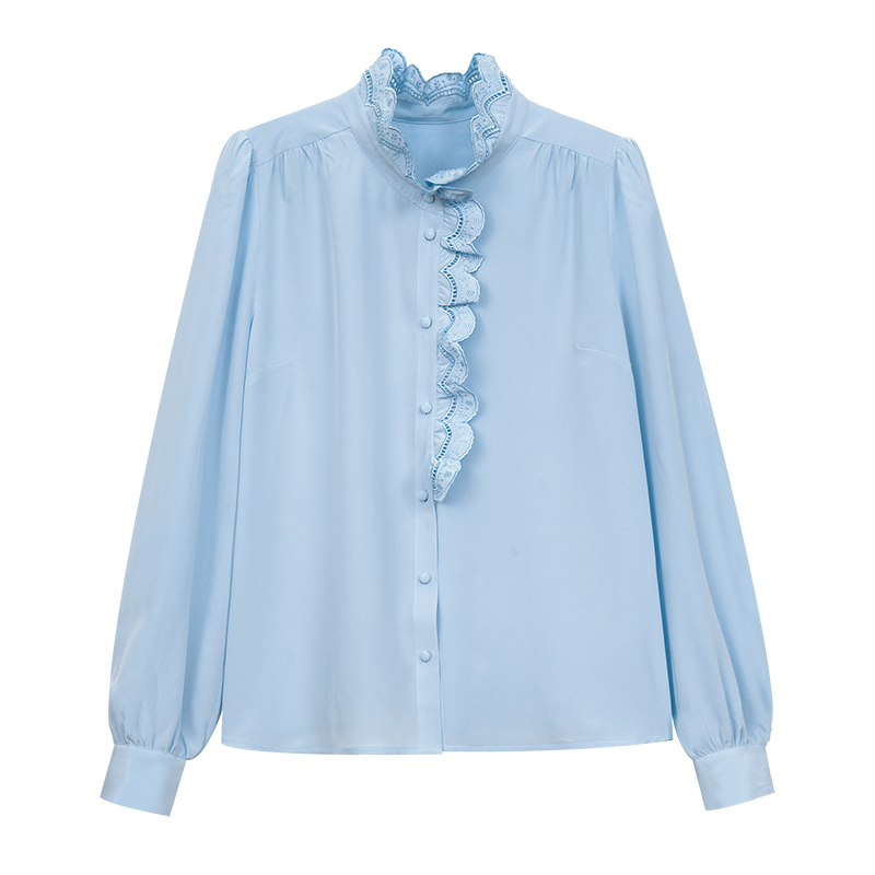 Lace Silk Shirt Solid Silk Top Blue Silk Blouse