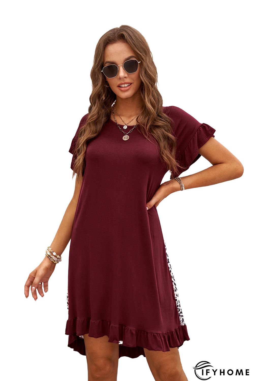 Wine Flounce Design Leopard Printed Short Sleeve Mini Dress | IFYHOME
