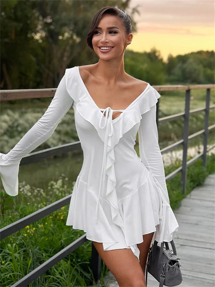 Women's V-Neck Patchwork Long Sleeve Sexy Slim Ruffled Lace-Up White Mini Dress