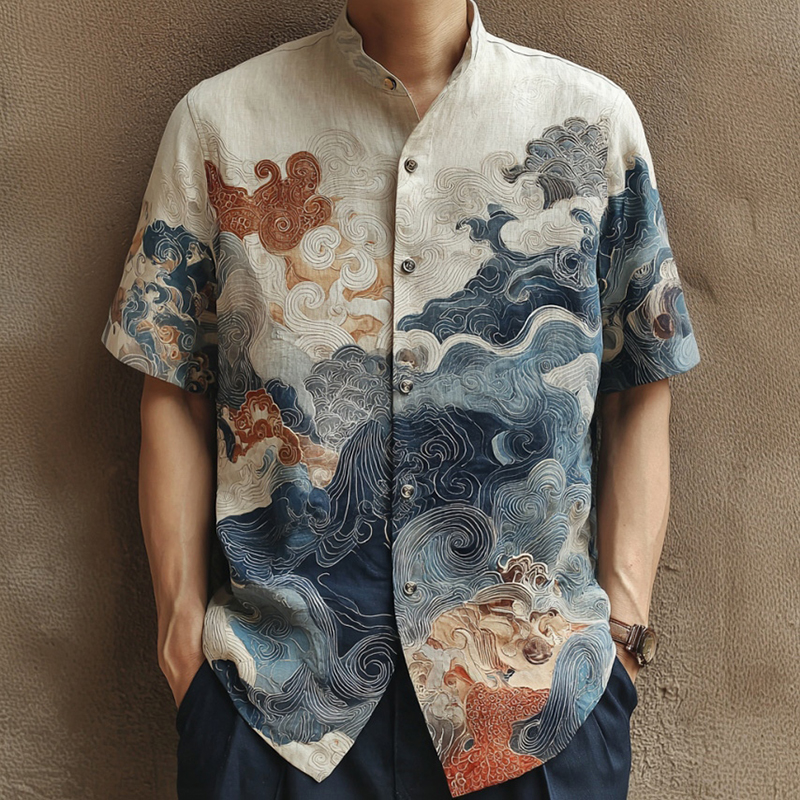 Men's Japanese Art Ocean Pattern Casual Shirt  artssus