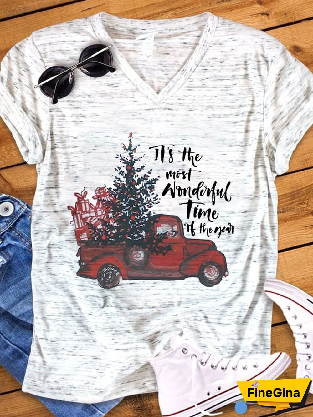 Women's Christmas Truck It's The Most Wonderful Time Of The Year Casual V-Neck Tee