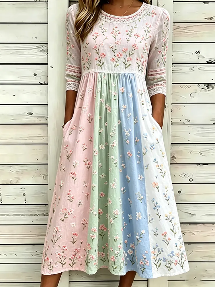 Women's Retro Rose Art Embroidery Color Block Splicing Comfortable Cotton Linen Round Neck Dress elevenforest