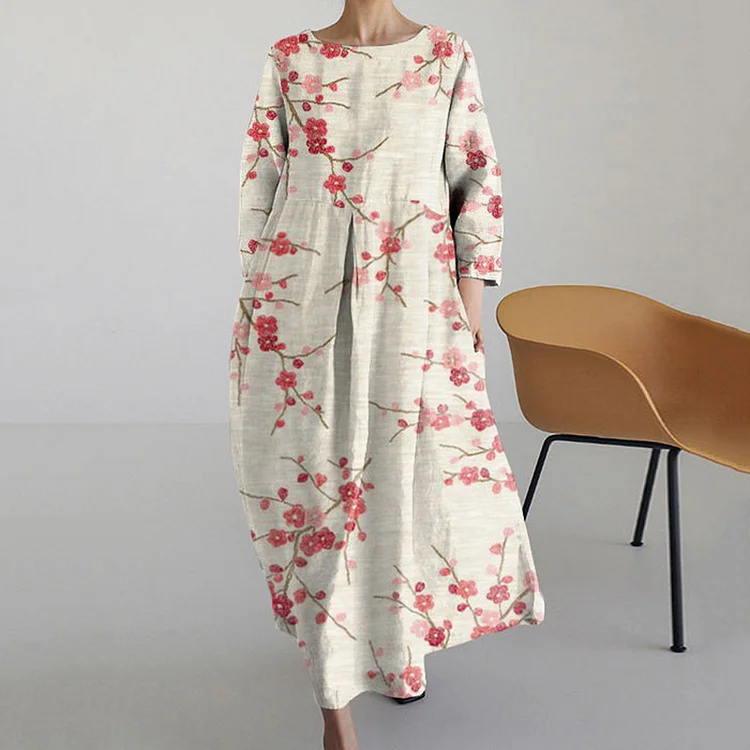 Wearshes Japanese Plum Blossom Art Long Sleeved Loose Midi Dress