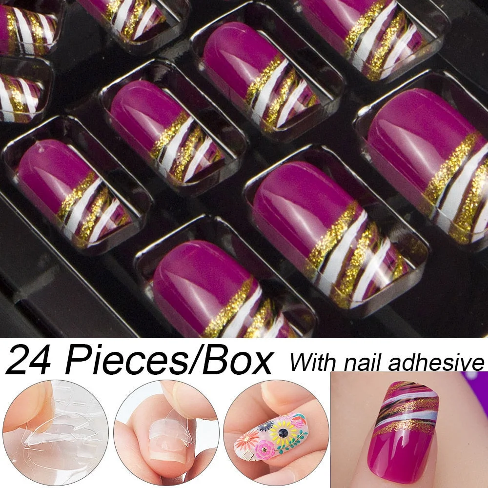 Fashion 24pc/set 10 Sizes Fake Nails Full Cover French False Nail Tips With Double-Sided Nail Adhesive Tab Press On Coffin Nail