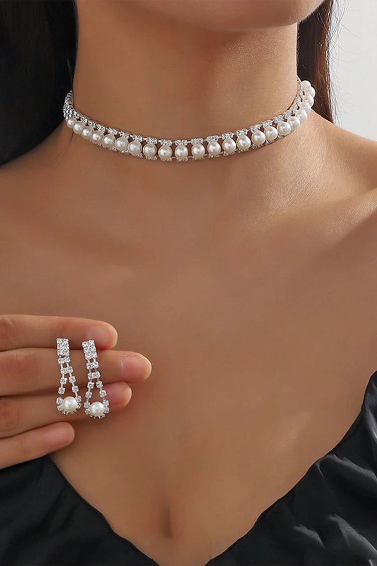 Elegant Rhinestone Pearls Necklace Earrings Two Piece Jewelry Set 2024 - Xpluswear