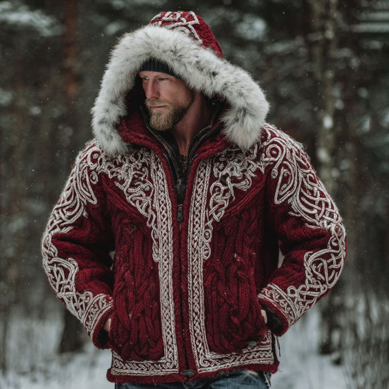 Men's Christmas Santa Celtic Art Warm Hooded Knit Sweater Jacket  artssus