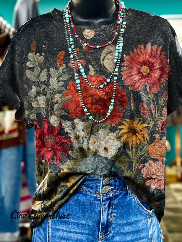 Vintage Floral Print Casual T-shirt Multicolor / S
