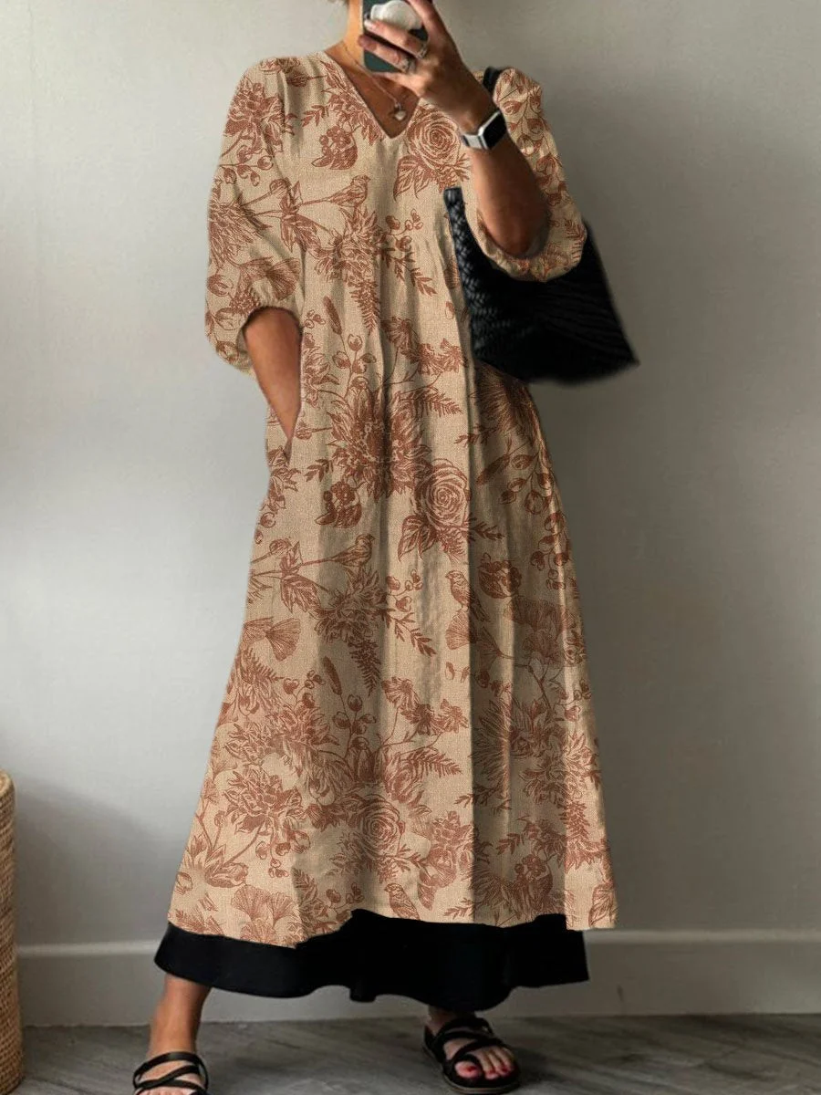 Women's  Boho Retro Print Pocket V-neck Cotton Dress