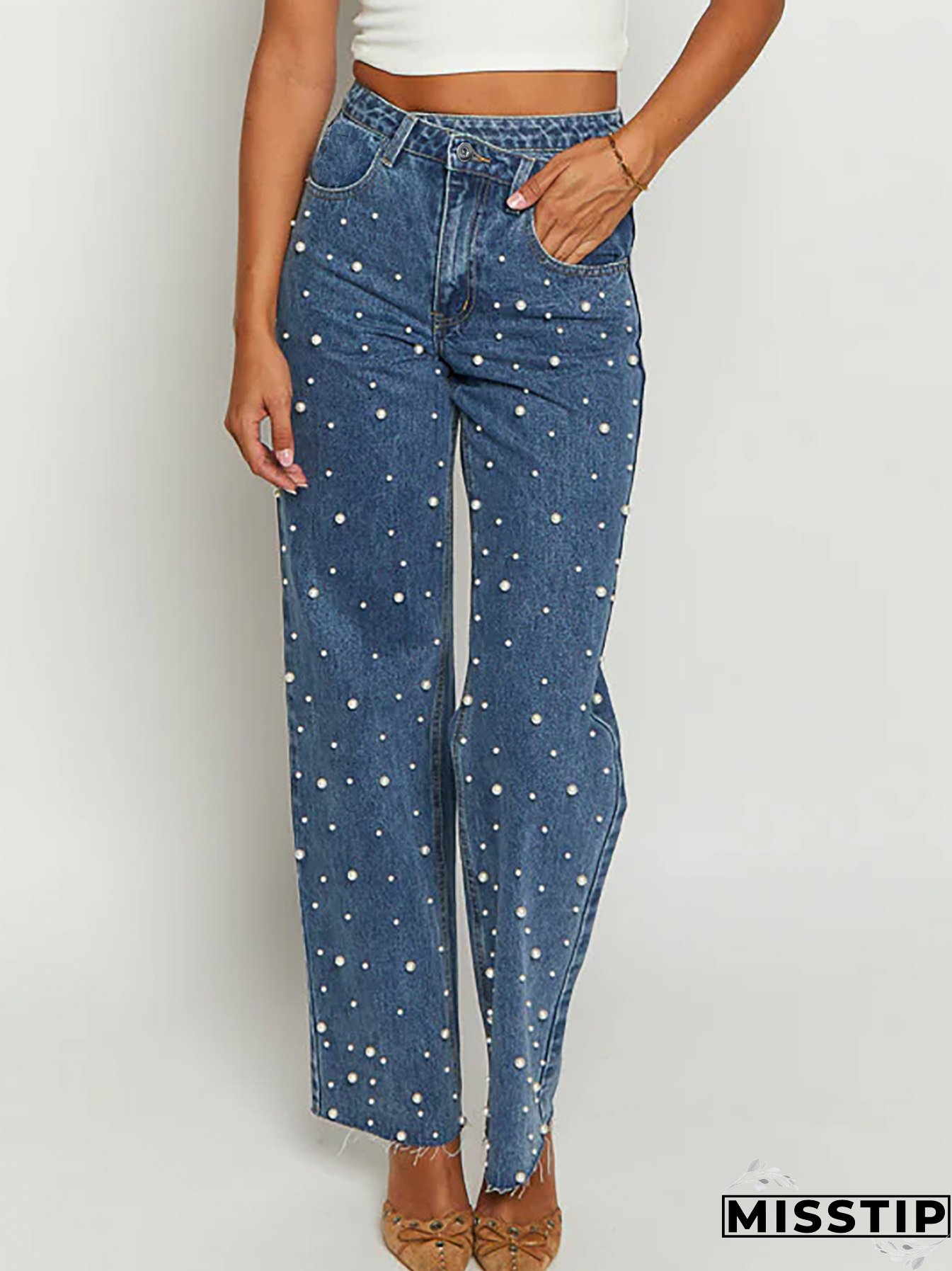 Women's Clothing Beaded Straight Denim Trousers