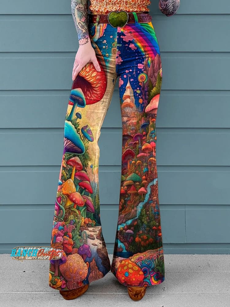 Women’s Vintage Abstract Flower Rainbow Mushroom Art Print Casual Wide Leg Pants Multicolor / Xs