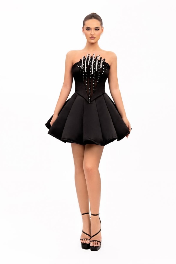 Ovlias Charming Black Strapless Homecoming Dress Pleated with Rhinestone CH0037