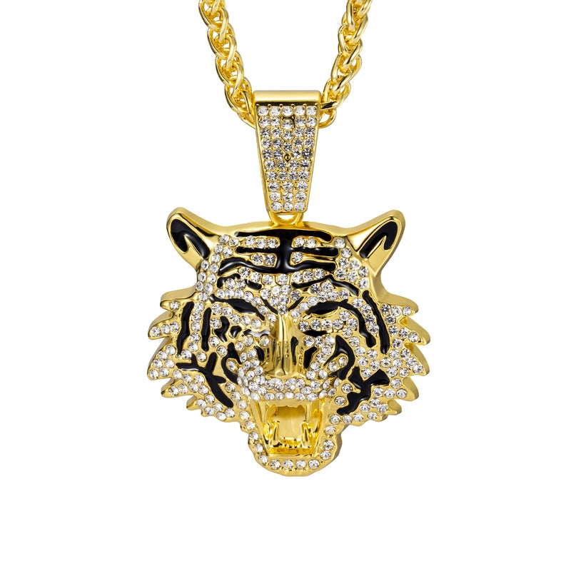 Hip-Hop Tiger Iron Zinc Alloy Inlay Rhinestones Men’s Charms Pendant Necklace