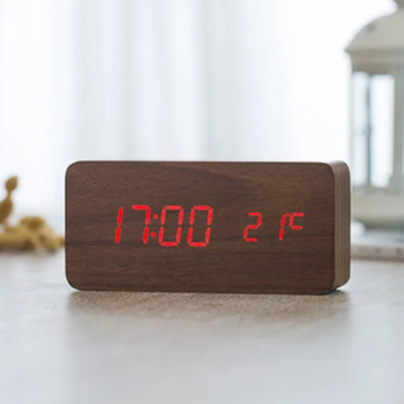 Wooden Digital LED Alarm Clock Voice Control USB/AAA Powered Electronic Table Clock Multifunction Temperature Desk Watch Decor
