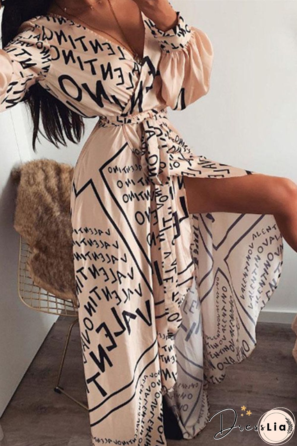 Sexy Printed Waist Fashion Slit Dress P14669