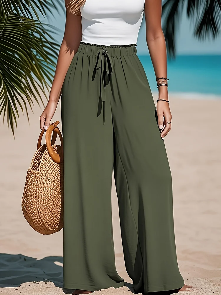 Women's Solid Color Wide Leg Pants With Fake Drawstring Detail - Casual Loose Fit, Light Green, Perfect For Spring/Summer/Fall, Polyester Fabric, Adult Size