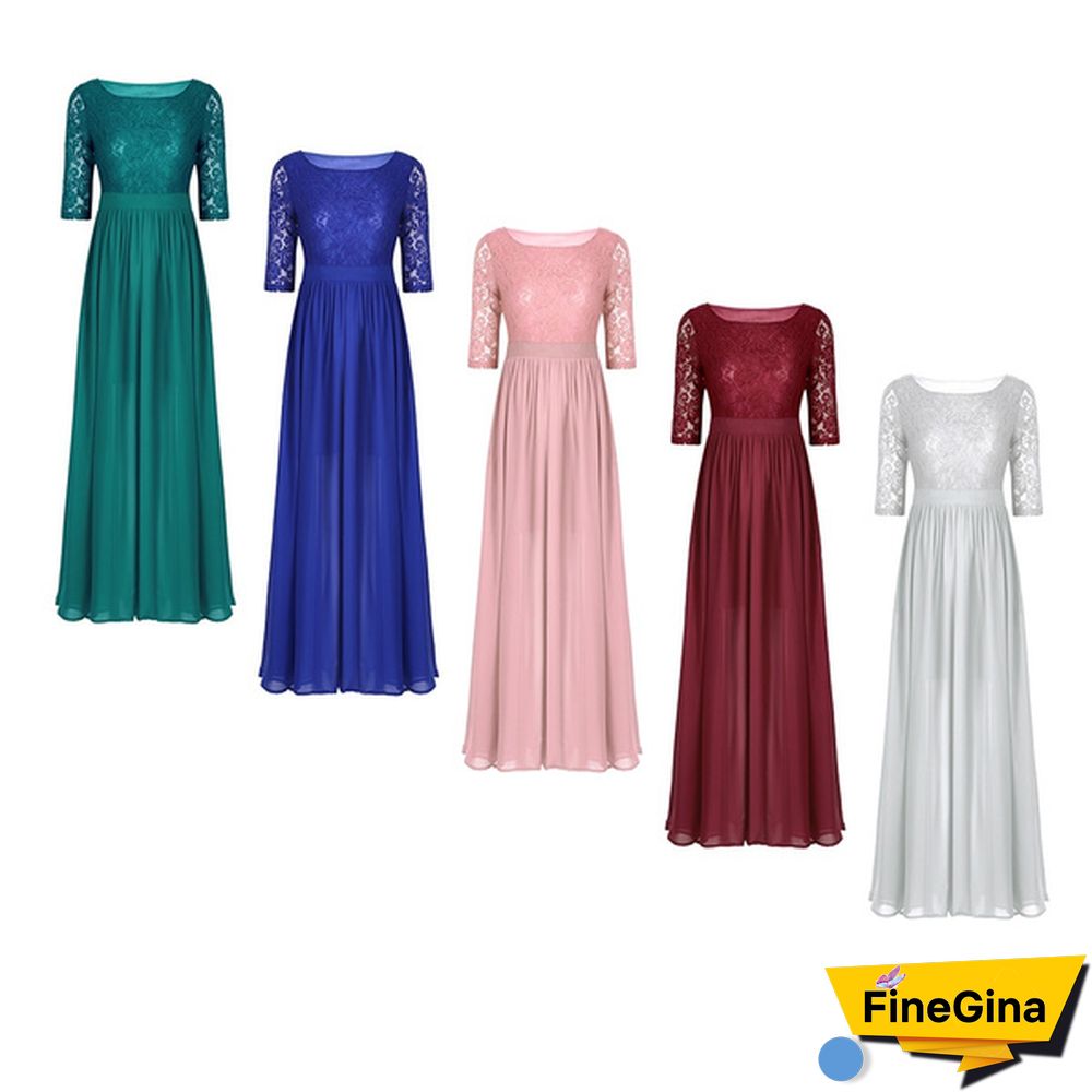 Womens Half Sleeved Embroidered Lace Top Front Slit Chiffon Wedding Bridesmaid Gown Prom