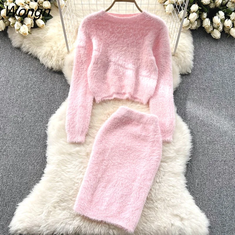 Wongn Women Dress Set 2023 Autumn Romantic Plush Two Piece Suits Solid Tops + Skinny High Waist Wrap Hips Mini Skirts