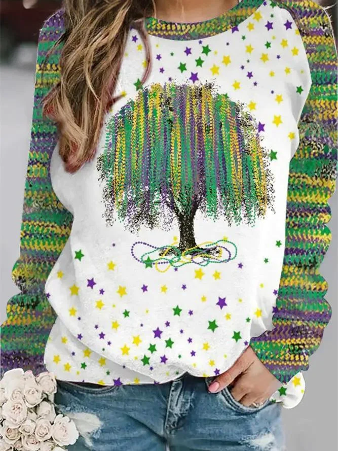 Women's Long Sleeve Scoop Neck Four Leaf Clover Printed Graphic Tops