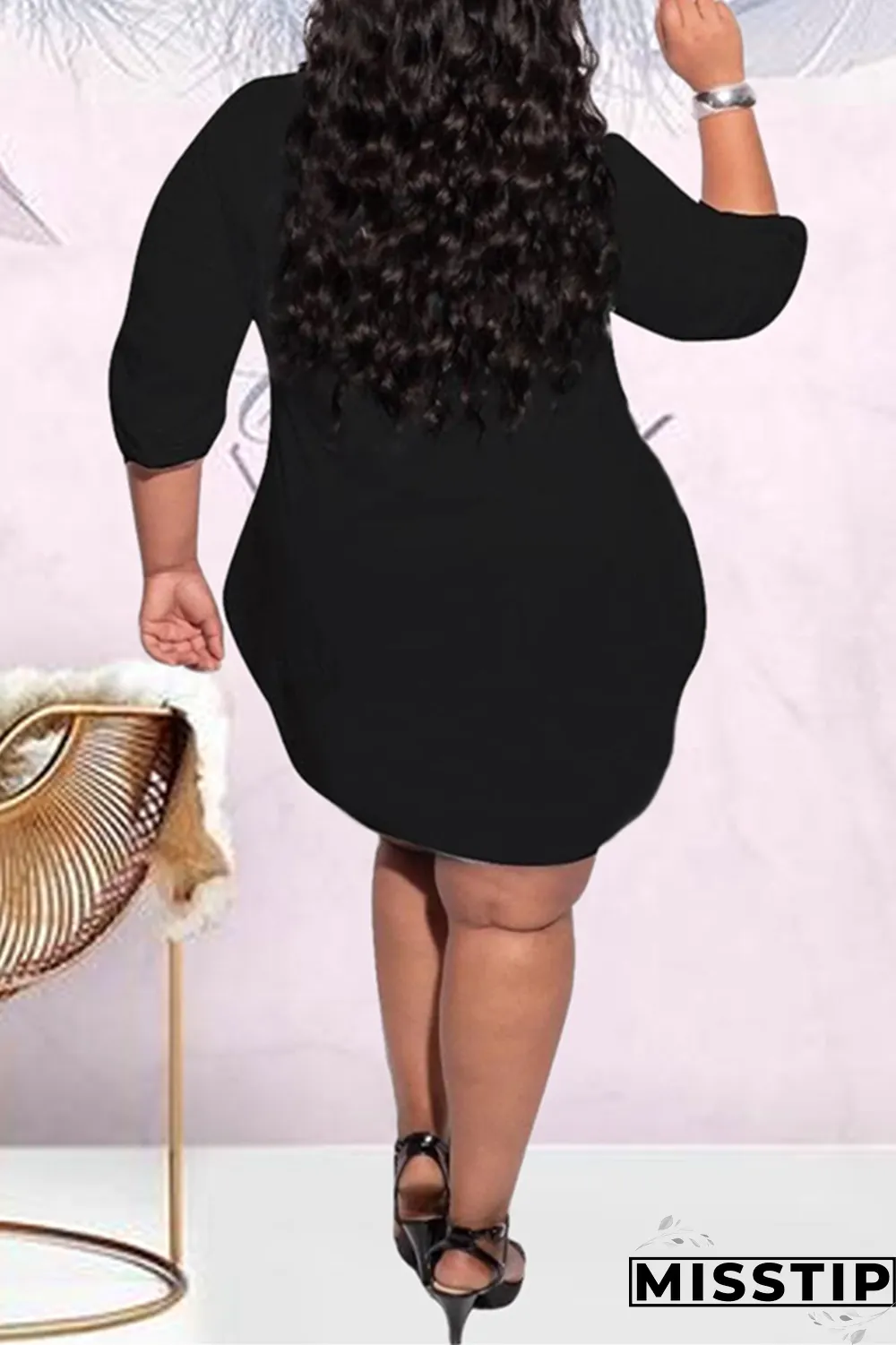 Black Fashion Casual O Neck Long Sleeve Regular Sleeve Solid Long Sleeve Dress Plus Size