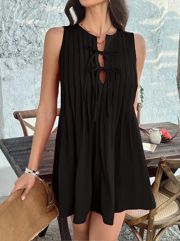 A-Line Loose Pleated Solid Color Tied Round-Neck Mini Dresses Vest Top