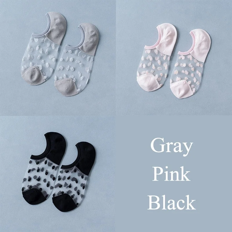 3 Pairs/Set Crystal Lace Socks Summer Women Transparent Lace Silk Flower Girls Elastic Invisible Short Boat Socks Female Sox