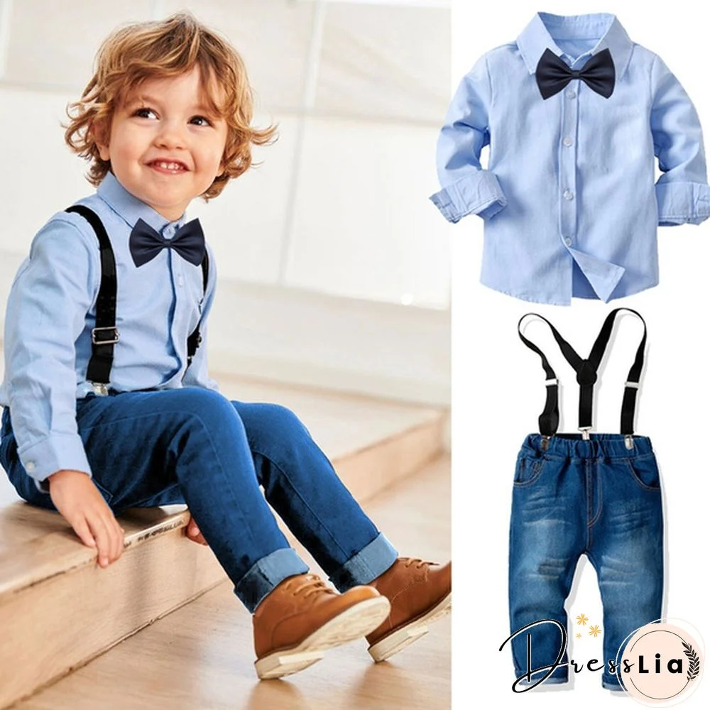 Baby Boys Bib Suits Blue Shirt Jean Pants Clothing Set Children Formal Wedding Party Outfit Genltlman Overall Suit