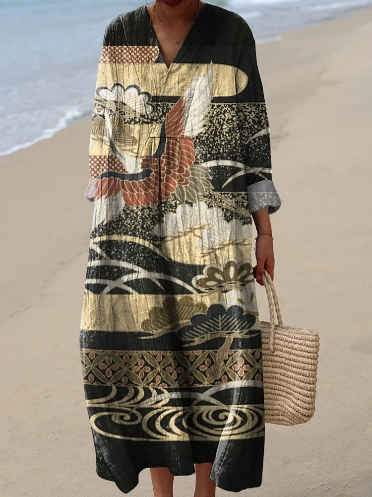 Vintage Japanese Crane Art Printed Women's Dress