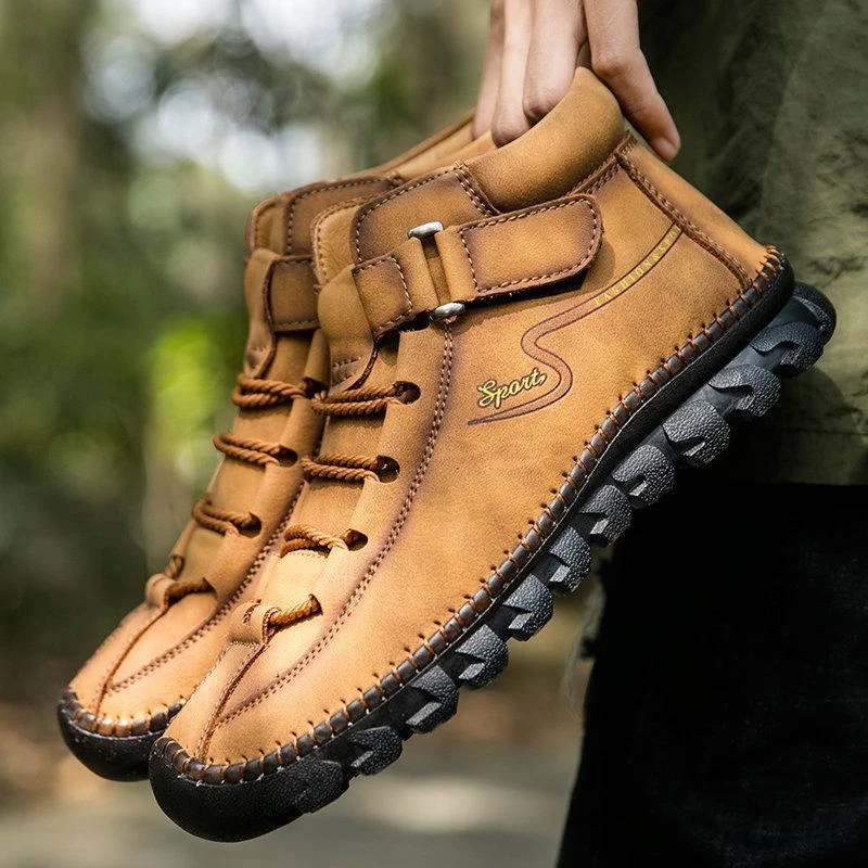 Men Cow Leather Non Slip Hand Stitching Soft Sole Casual Outdoor Boots