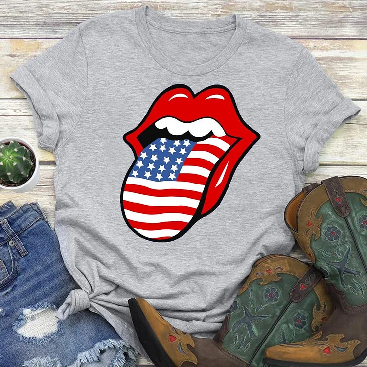 American Flag Lips Round Neck T-shirt-018165