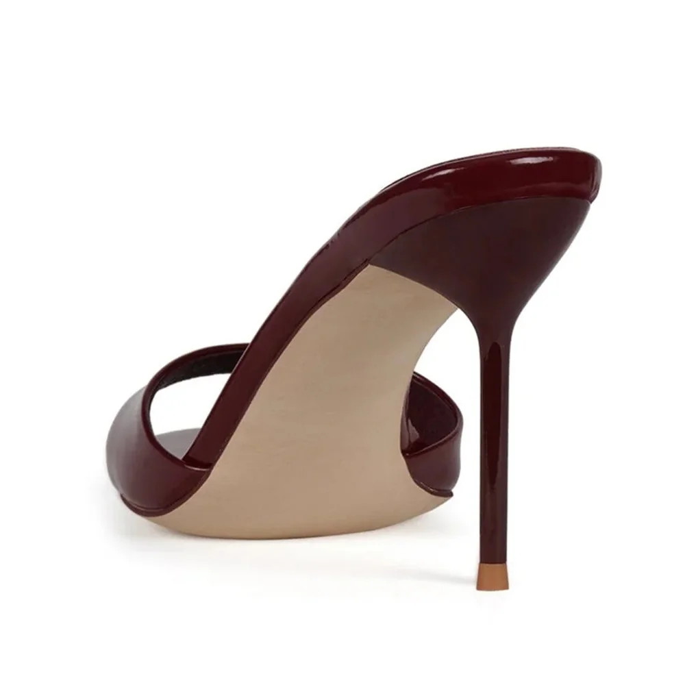 Maroon Patent Leather Round Toe Stiletto Heel Slip On Mules Sandals