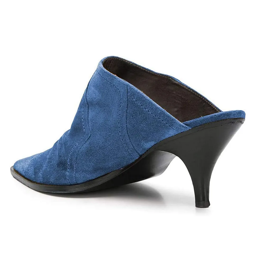 YDN Women's Blue Vegan Suede Pointed Toe Slip-On Mule Heels
