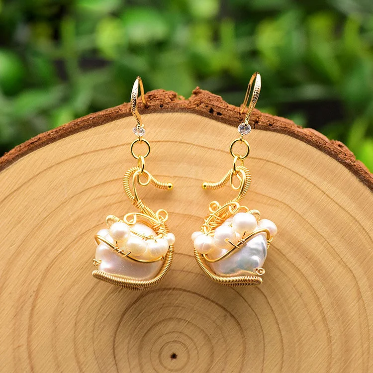 Swan Design Natural Baroque Pearl Earrings