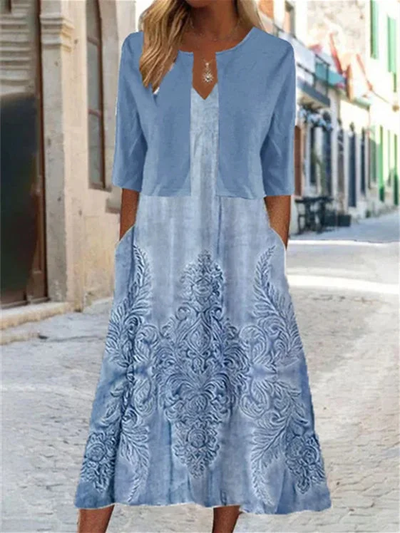 Women's Short Sleeve V-neck Floral Printed Two-Piece Midi Dress
