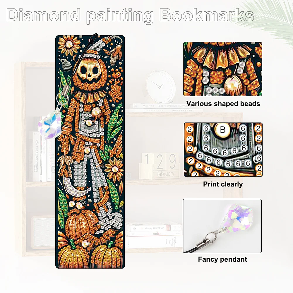 4Pcs Halloween Pumpkin Skull Themed DIY Diamond Painting Bookmark for Book Lover