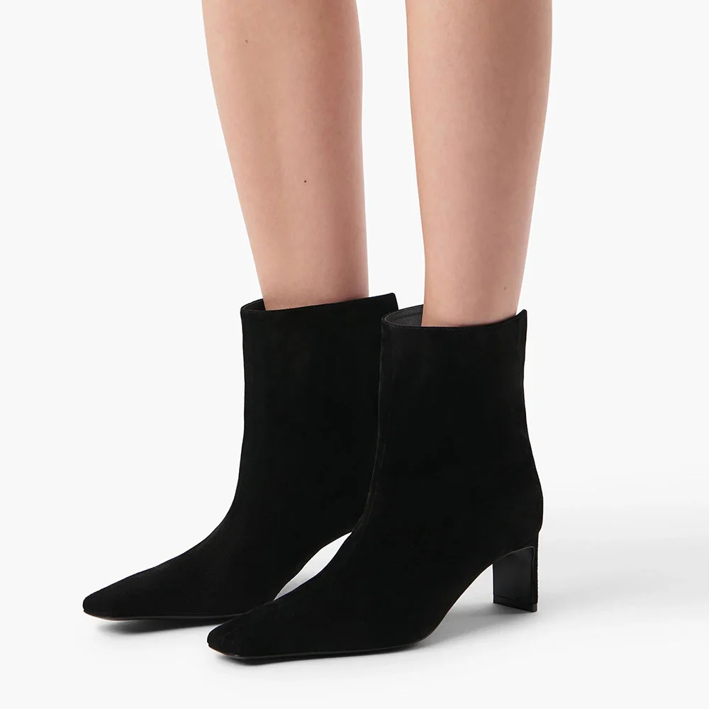 Black Vegan Suede Short Square Toe Boots with Chunky Mid Heel 