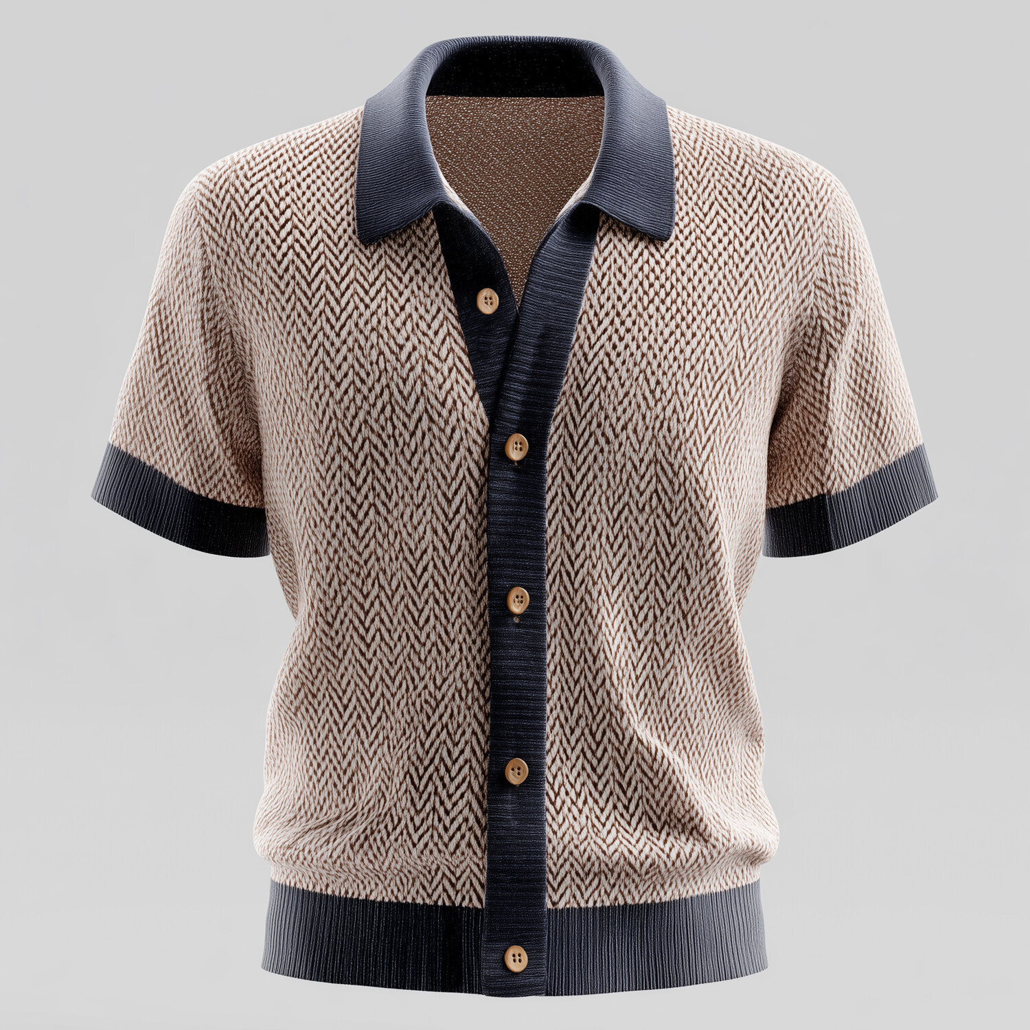 Men's Herringbone Pattern Knit Contrast Trims Button Short Sleeve Shirt