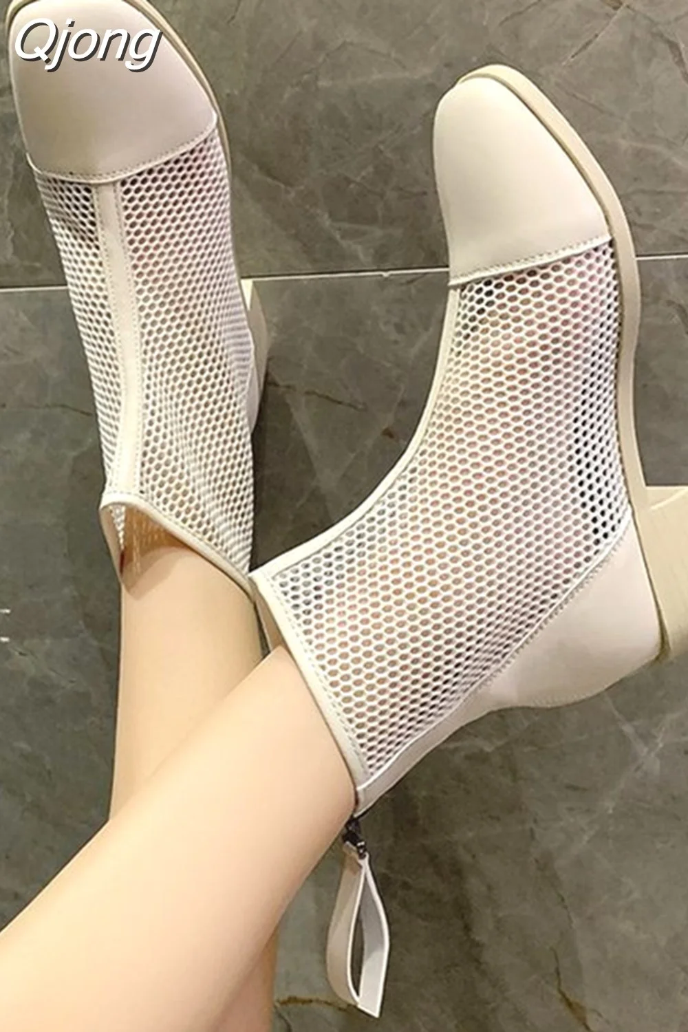 Qjong Fashion Mesh Fabric Square Toe High-heeled Ladies Riding Boots Summer Breathable Short British Style Single Boots.