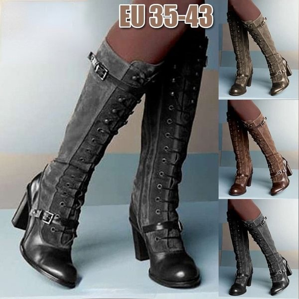Women Vintage Medieval Boots Retro High Boots Square Heel Leather Winter Boots Women Knee-high Round Toe - Shop Trendy Women's Clothing | LoverChic