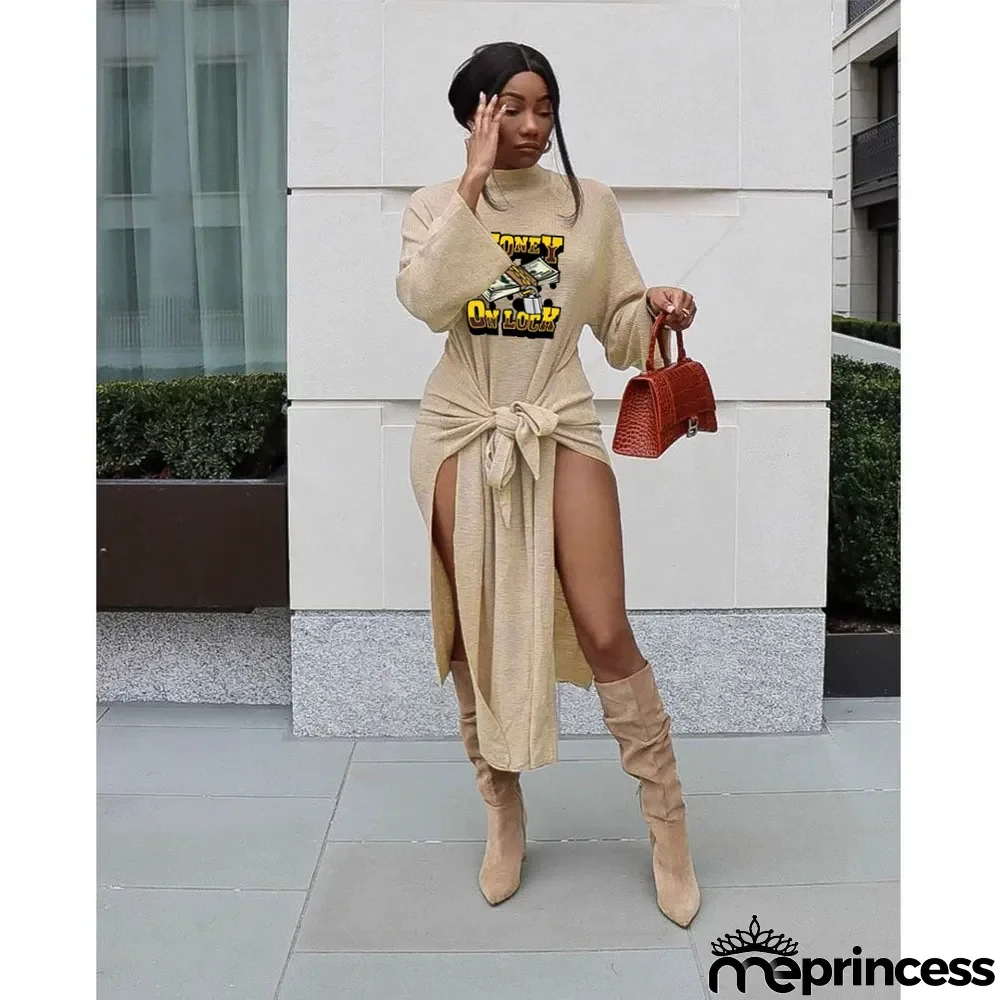 Print Ethnic Pullover Chic Career Half Ribbed Mid-Rise Lace-Up Dress