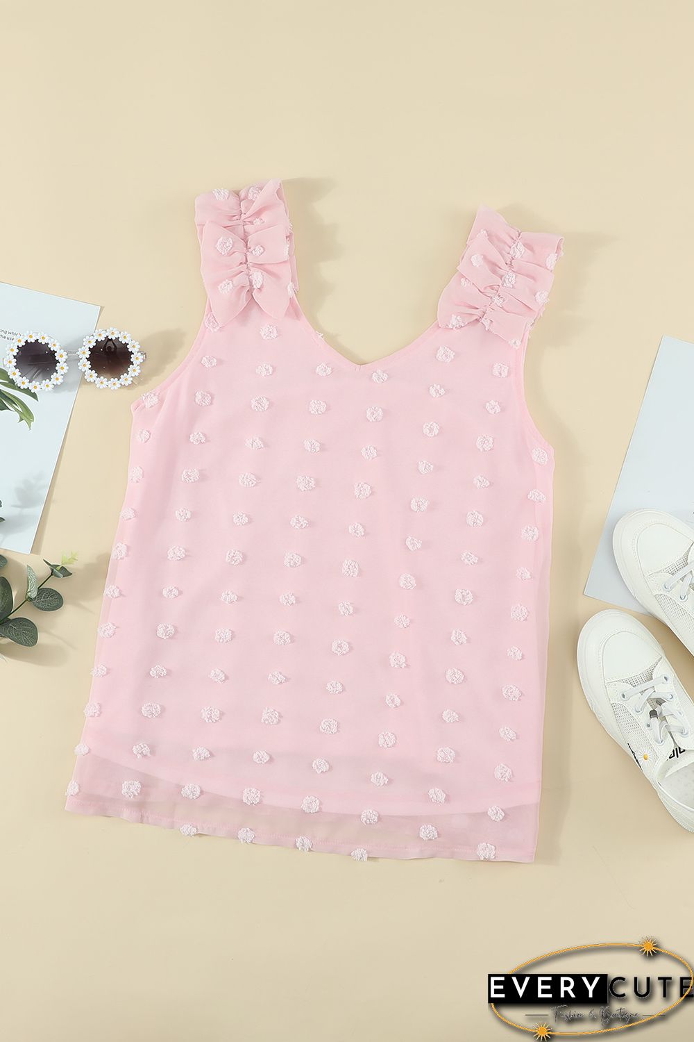 Pink Swiss Dot Woven Sleeveless Top With Ruffled Straps