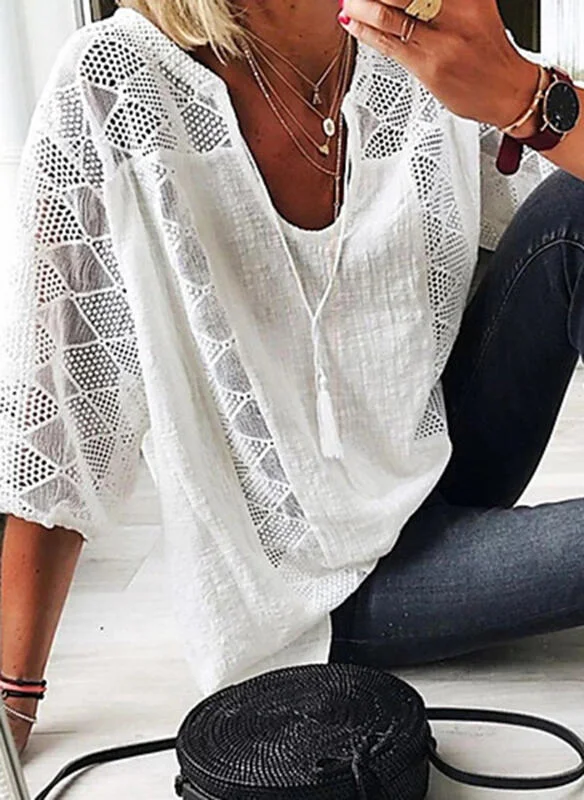 Solid Lace V-Neck 3/4 Sleeves Casual Blouses