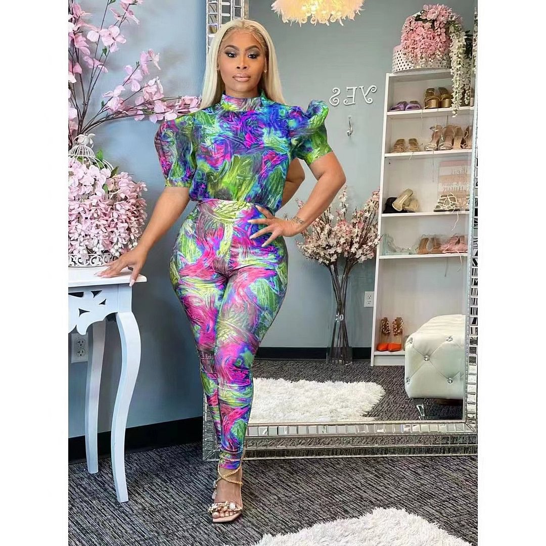 CM.YAYA Women Puff Short Sleeve High Waist Tunic Tie Dye Bodycon Jumpsuit Sexy Party One Piece Overall Romper Playsuits 2022
