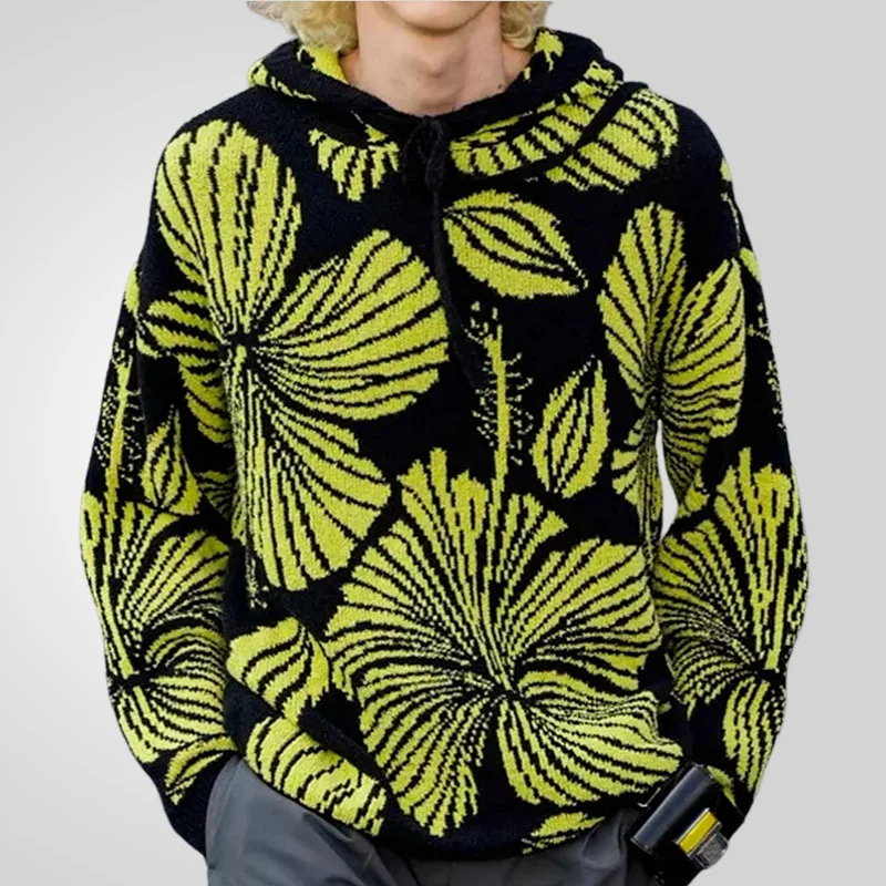 Uveng Uveng Men's Clothing Loose-Fitting Knitted Shirt Spring And Autumn Hooded Coarse Knitted Sweater SY0035