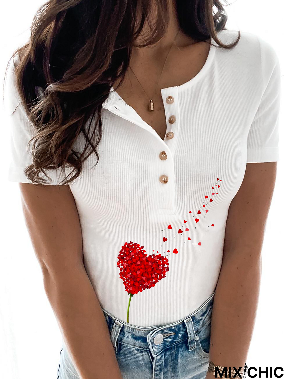 Buttoned Casual Heart Printed T-Shirt