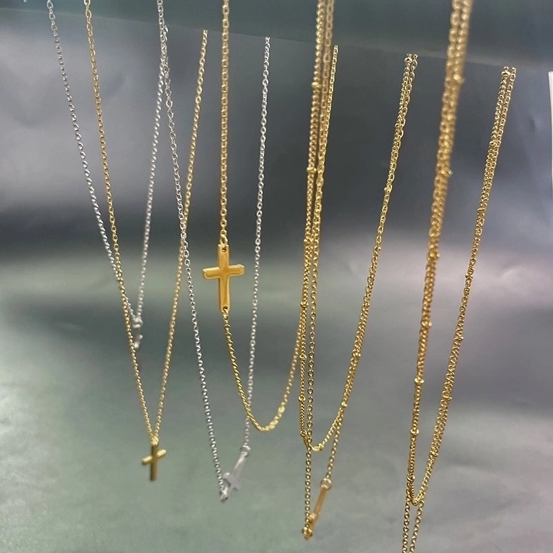 304 Stainless Steel Casual Minimalist Cross Double Layer Necklaces Pendant Necklace