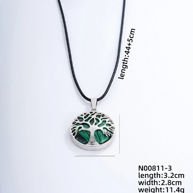 Ig Style Minimalist Round Tree Stainless Steel Natural Stone Leather Rope Inlay Natural Stone Pendant Necklace