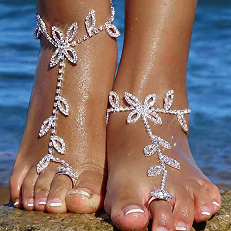Rhinestone and Alloy Leaf Anklet