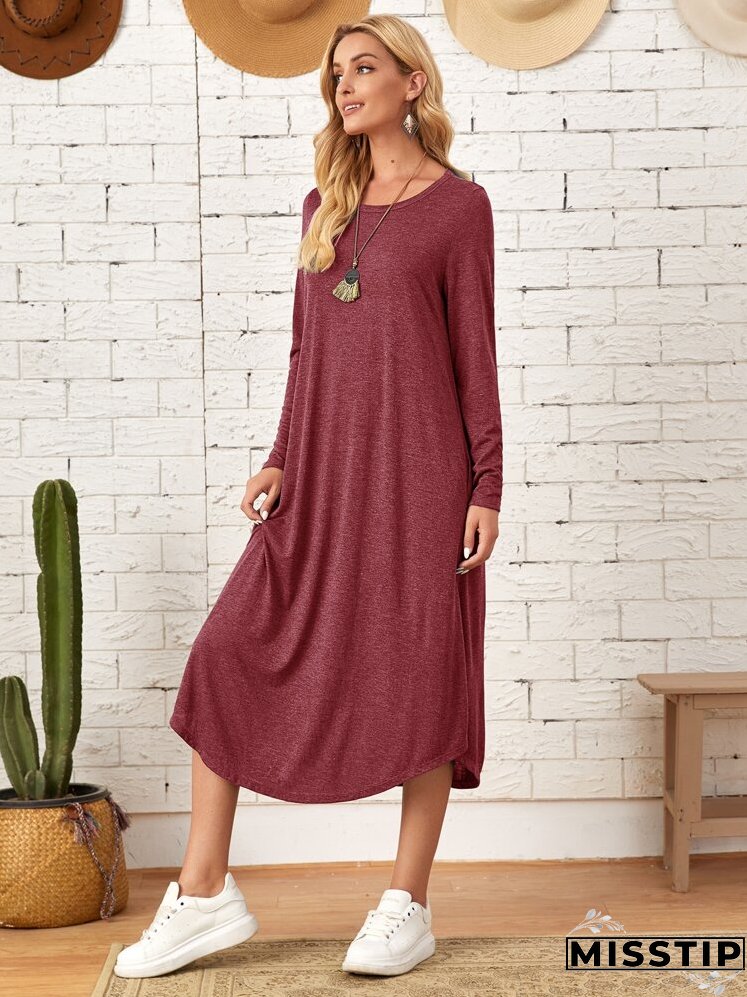 Marled Knit Slant Pockets Curved Hem Dress