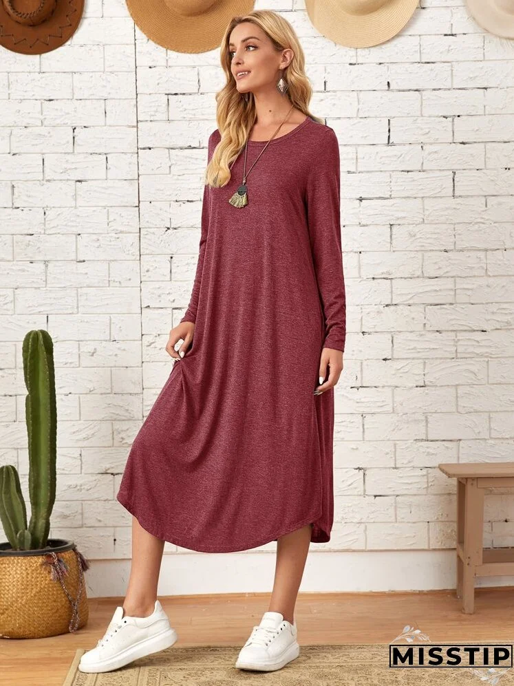 Marled Knit Slant Pockets Curved Hem Dress