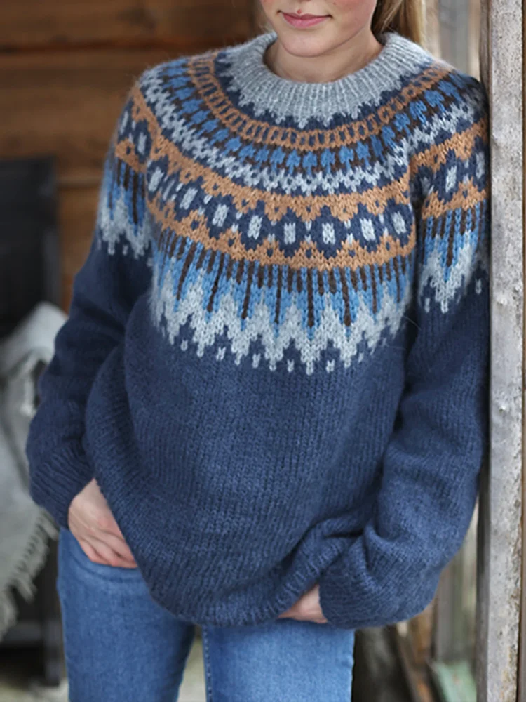 Vintage Fairman Island Contrast Panel Jacquard Sweater